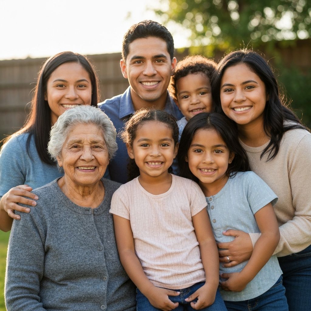 Hispanic family with grandparents, parents, and grandchildren together